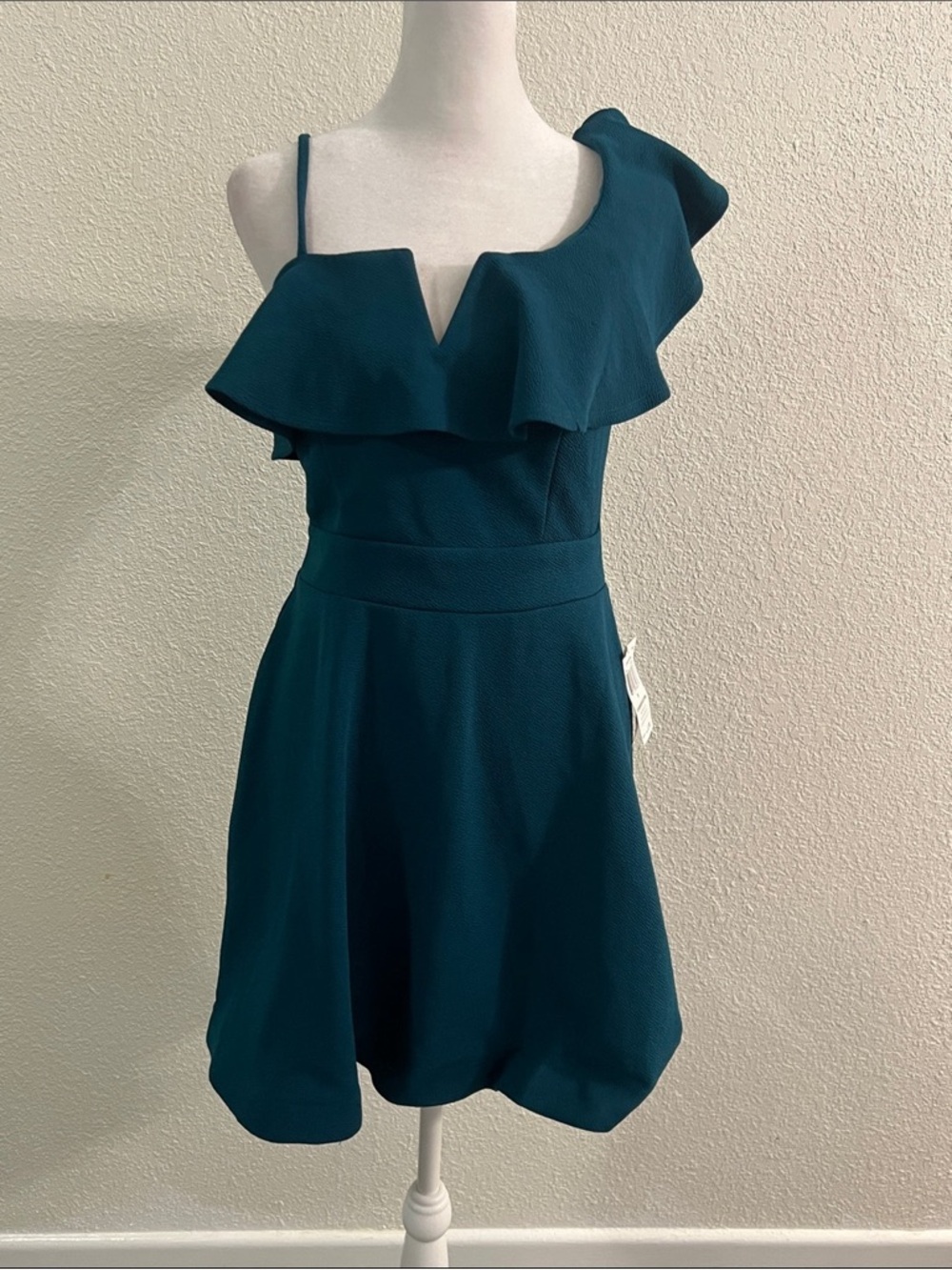 One-Shoulder Teal Ruffle A-Line Dress